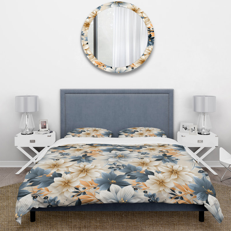 Blue And Gold Geometric Floral Harmony Fusion - Ensemble de housse de couette à motif floral