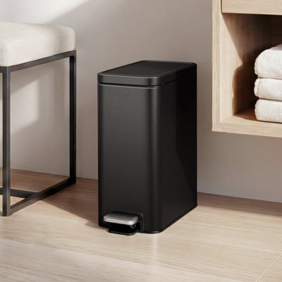EKO Small Bathroom Trash Can With Lid Soft Close, Step Pedal, Matte Black 10 Liter / 2.6 Gallon Stainless Steel Garbage Can With Removable Inner Bucket, Anti-Fingerprint Finish
