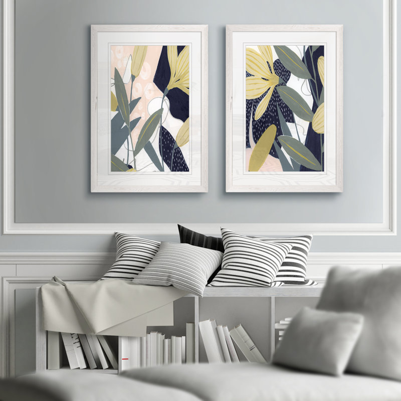 Flores Noche IV - Ensemble de 2 peintures sur toile encadrées, H 24 po x l 18 po x P 1,25 po, Papier avec cadre blanc, Blanc