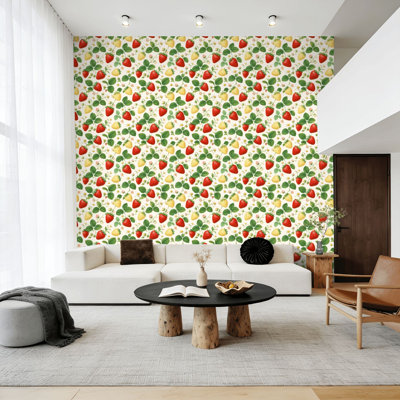 Papier peint à peler et coller Cottage Garden Strawberries Vintage Summer Fruit l 23,6 po x H 118 po