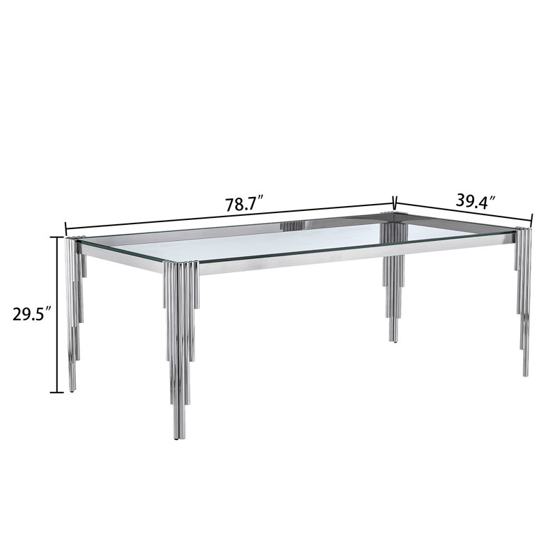 Rectangle Glass Dining Table With Tempered Glass Top & Stainless Steel Legs, Clear, Silver, 29.53" H x 78.74" L