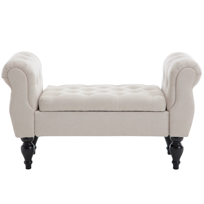 Upholstered Flip Top Storage Bench With Solid Wood Legs, Beige