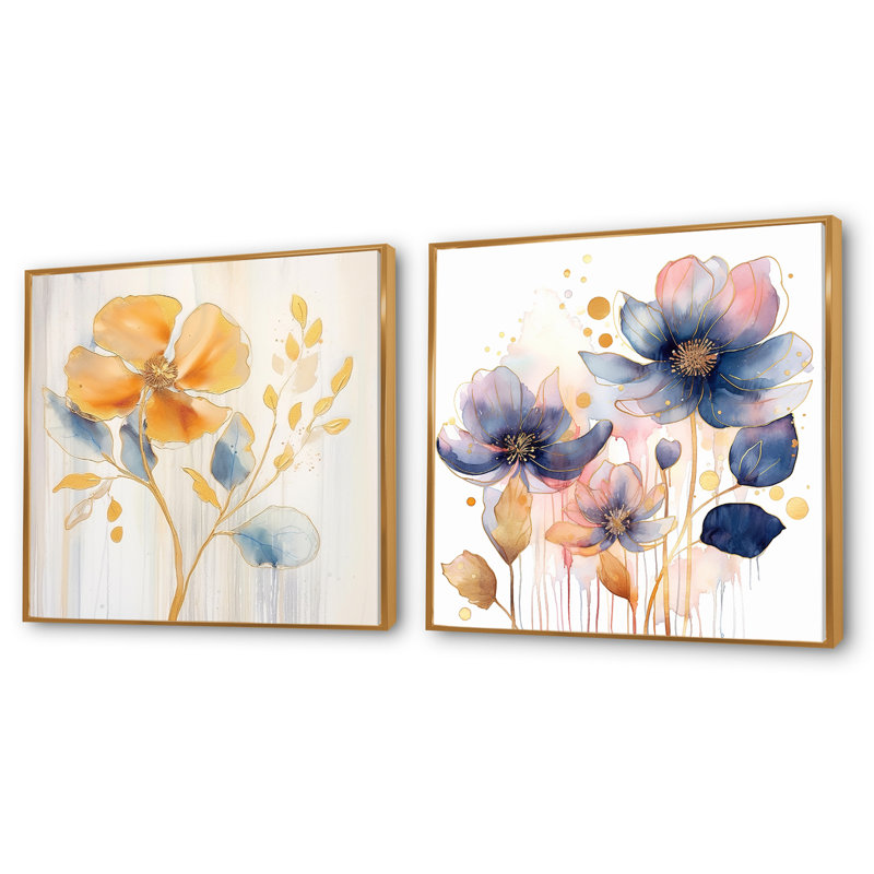 Blooms bleu et beige harmonieux - ensemble de 2 collages carrés abstraits, Cadre flottant doré, H 16 po x l 33 po