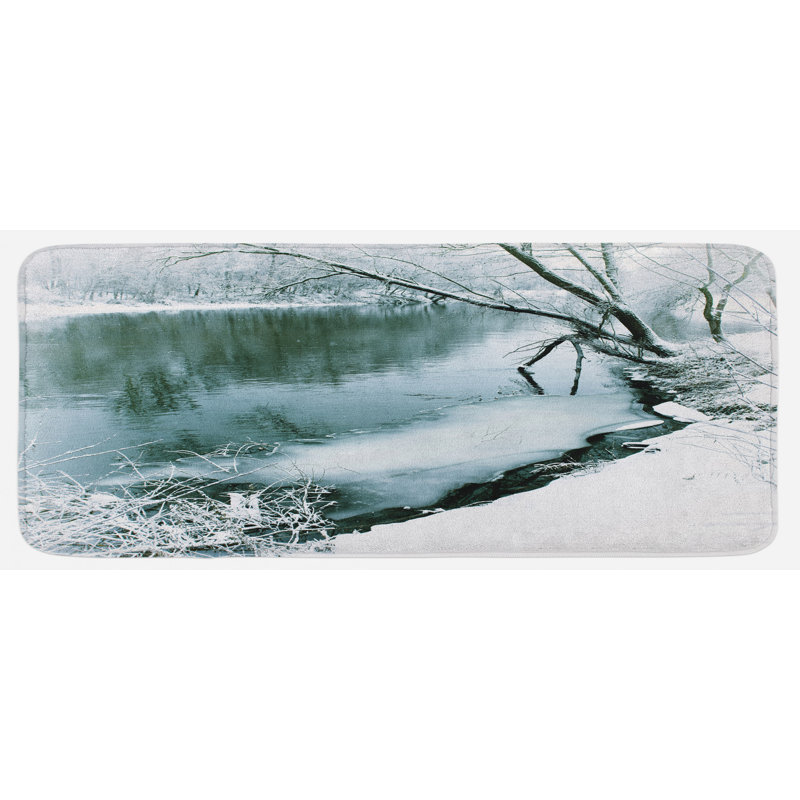 Tapis de cuisine en bois turquoise avec feuillage de tapis de feuillage congelé icy tree branches lake