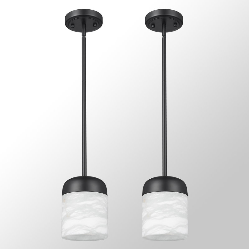 Ensemble de 2 lampes suspendues rétro 1 lumière albâtre, Noir mat
