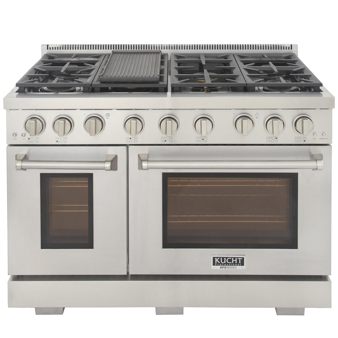 Kucht Professional 48 In. 6.7 Cu. Ft. Range With Sealed Burners, Griddle And Two Ovens - One Convection - In Stainless Steel With Classic Silver Knobs Kucht Gas 