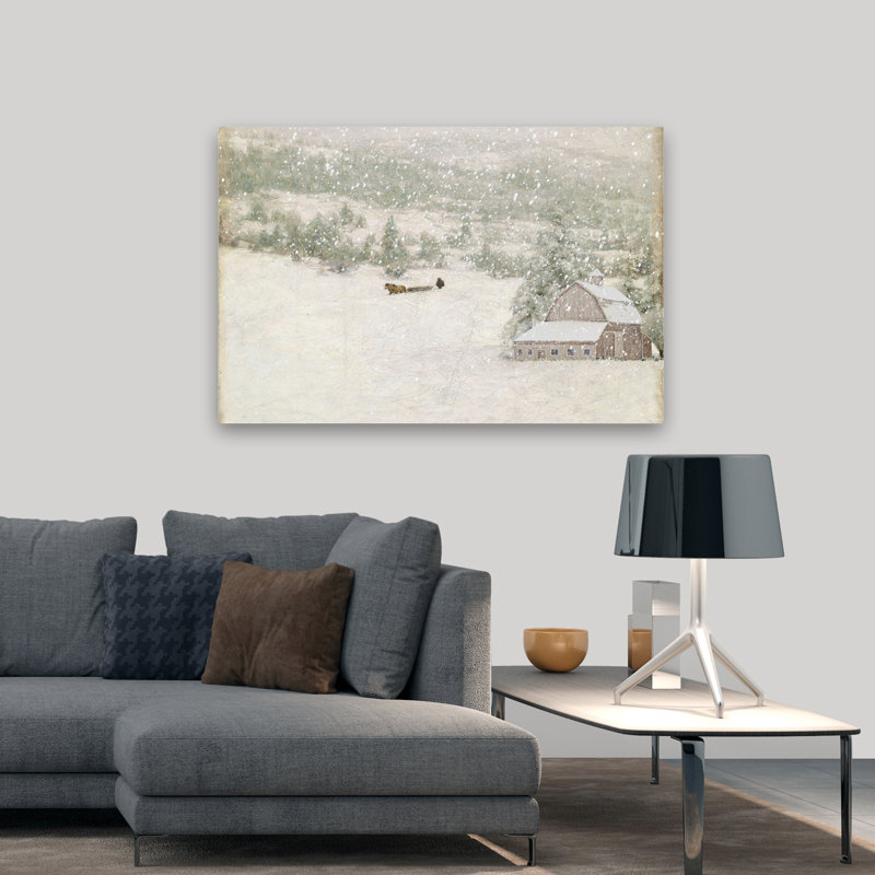Poignée d'hiver - grange contemporaine dans la neige, champ enneigé, forêt d'hiver, H 48 po x l 32 po