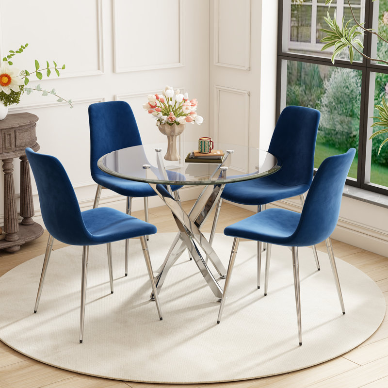 5 - Piece Glass Top Pedestal Dining Set, Gray/Gold, Gold