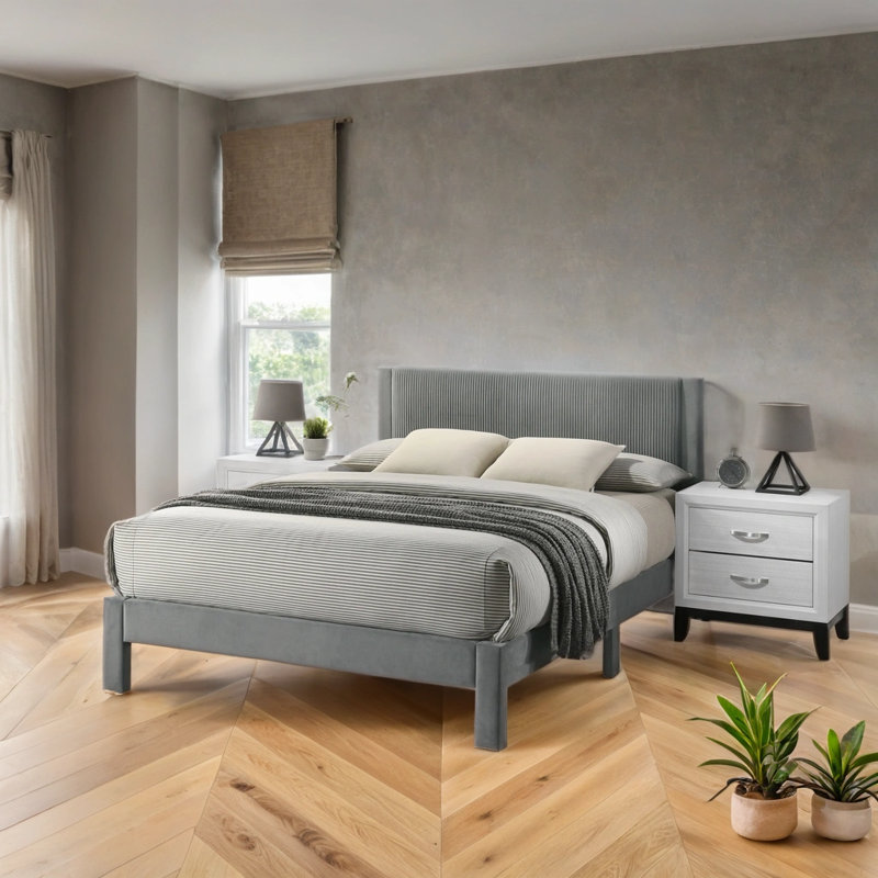 Lit plateforme gris avec tête de lit tapissier - texture nervurée, structure à profil bas - mobilier de chambre à coucher moderne pour jeunes