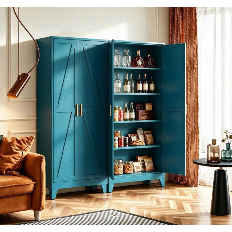Armoire de 71 po de hauteur en métal. Armoire de rangement adaptée à la cuisine, avec 2 portes et 4 tablettes réglables. (Bleu)