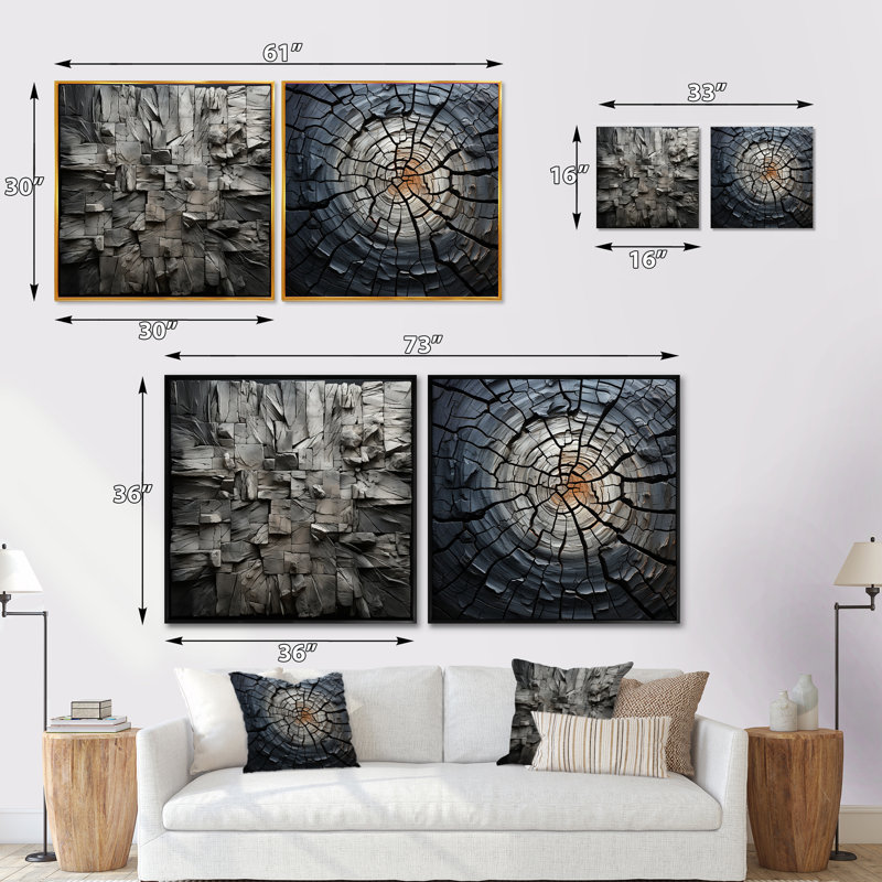 Spiritual Grey Geode Stone Minimalisme - Fractals Square, ensemble de 2 collages, Toile tendue, H 36 po x l 73 po