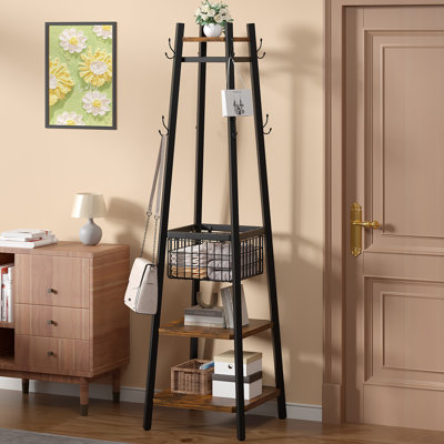 Metal Coat Rack with 8 Hooks, Storage Shelves & Basket for Entryway or Hallway