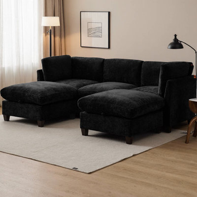 96.5" U-Shaped Chenille Sectional Couch with Two Ottomans & Storage, 3-Seater Sofa with Under-Seat Storage, Pocket Spring Coils, Pressure-Relieving Cushions, Solid Wood Frame