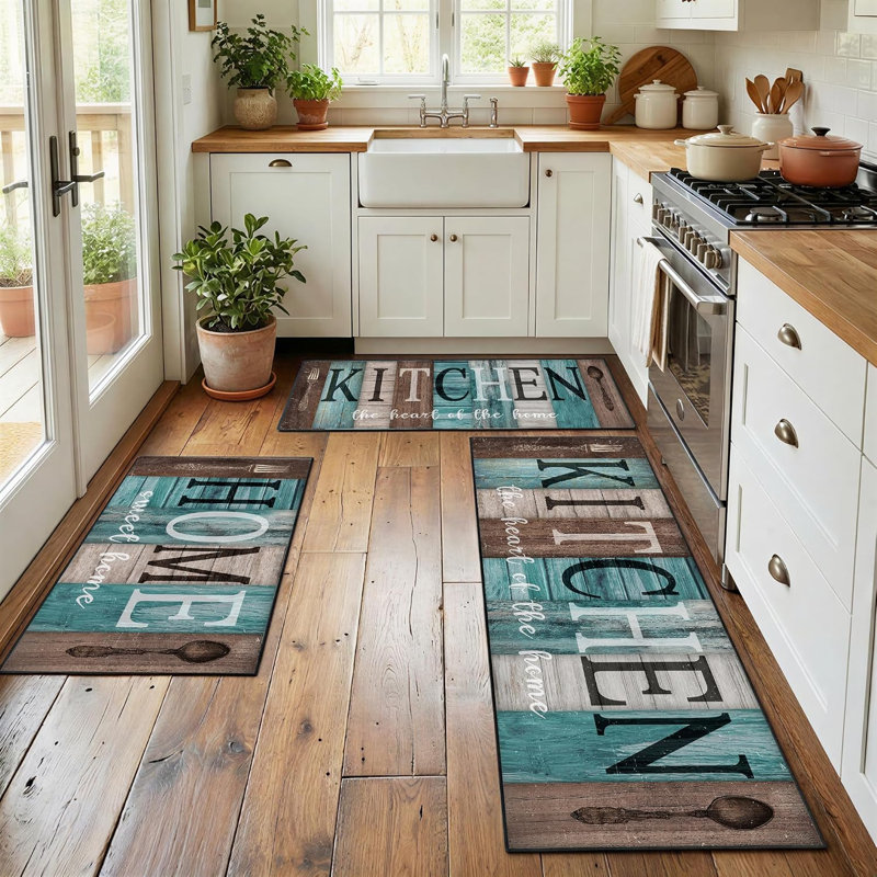Ensemble de 3 tapis de cuisine fermables antidérapants pour évier de cuisine et couloir Farmhouse, Bleu sarcelle turquoise