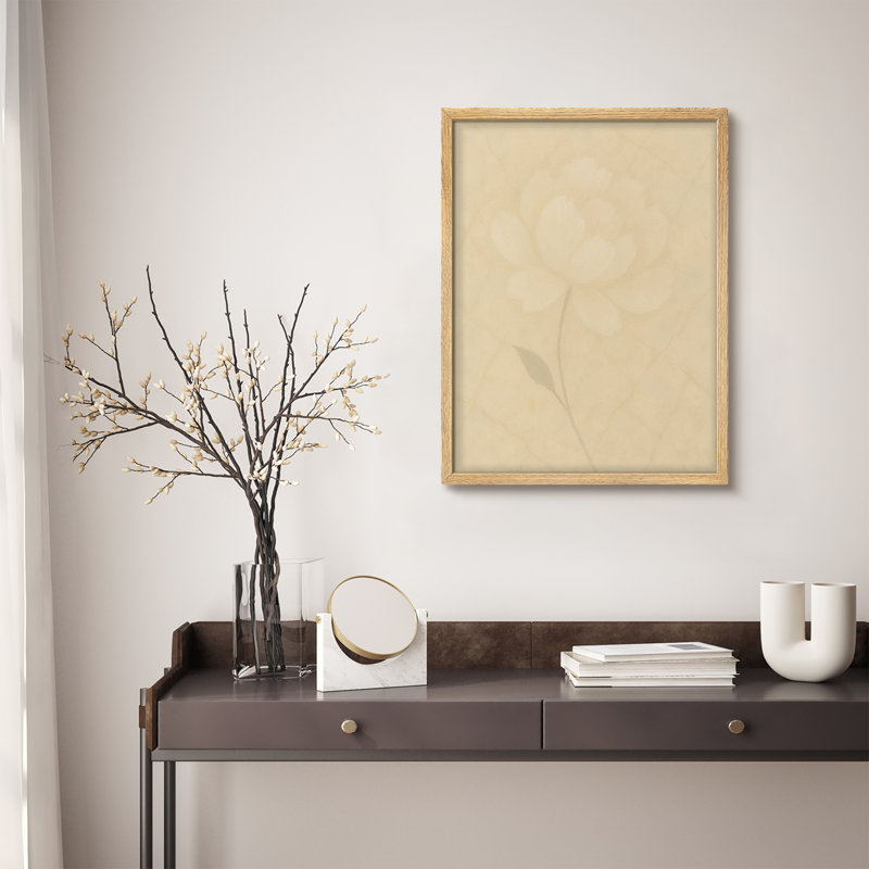 Reproduction d'art murale encadrée de pivoines douces - Design floral élégant dans des tons neutres pour le salon ou la chambre à coucher