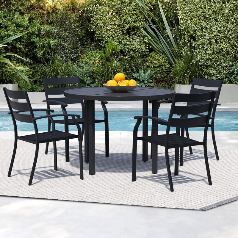 5 Pieces Outdoor Dining Set For 4, 42" Black Metal Round Outdoor Dining Table And 4 Black Metal Stackable Patio Chairs With Arm, Patio Table And Chairs Set For Lawn Garden Backyard