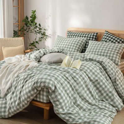 BESTOUCH Gingham Duvet Cover Set 100% Washed Cotton Linen Feel Soft Breathable Lightweight Hidden Zipper with 8 Ties