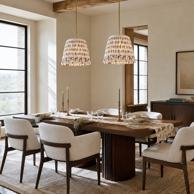 4-Light Brass Dimmable Pleated Fabric Pendant Light , Rust-Red Floral