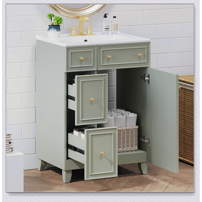Bathroom Vanity with Ceramic Sink & 2 Drawers, Green, 24"