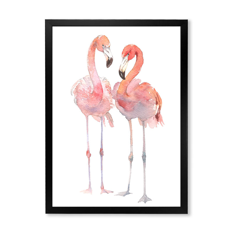 Flamants roses sur fond blanc II - reproduction sur toile, H 32 po x l 16 po, Toile avec cadre de coin noir fermé