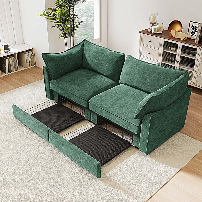 Canapé moderne à 2 places avec tiroirs de rangement coulissants sous chaque dossier enveloppant le salon, Vert