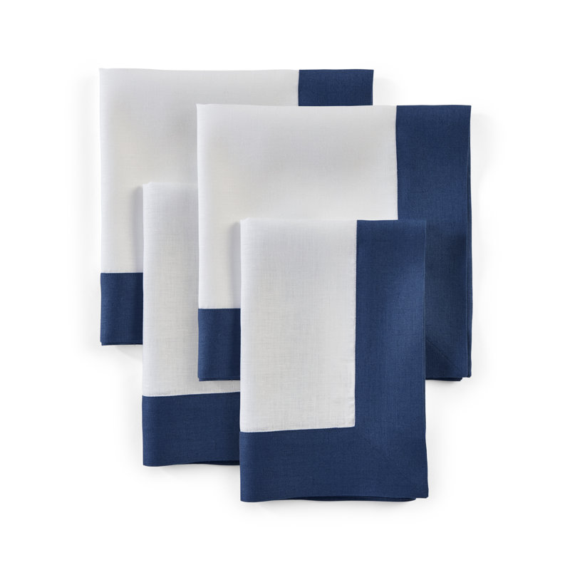 Contempo - 100% Pure Linen Dinner Napkins, Indigo Blue/White