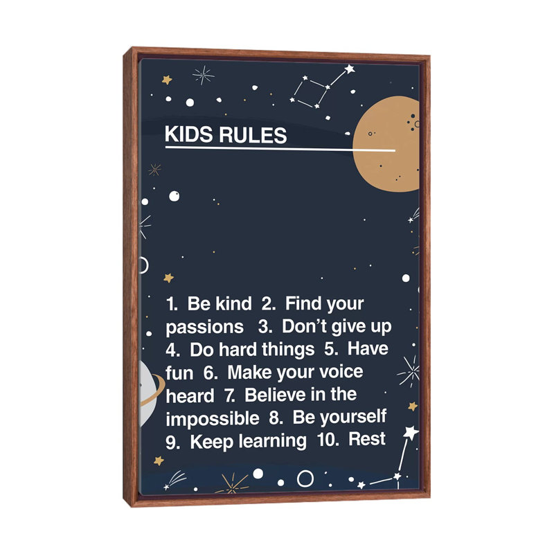 Kids Rules - impression d'art textuel, Toile avec cadre brun, Pas de tapis, H 26 po x l 18 po x 1,5 po