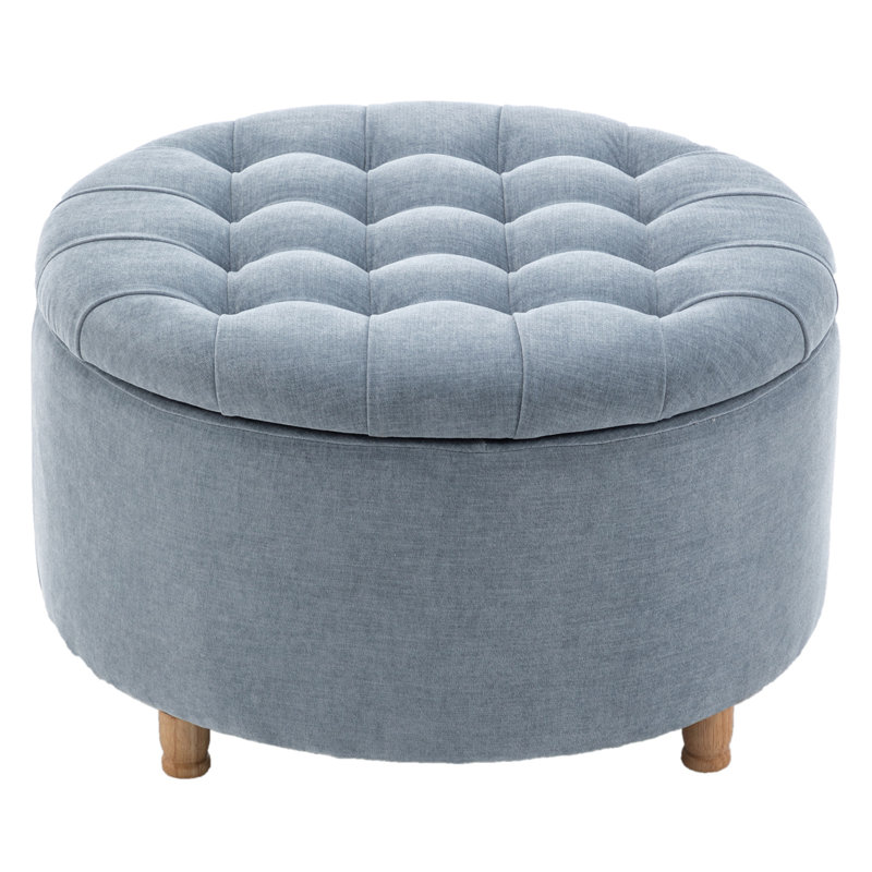 Classic 28-Inch Wide Button Tufted Round Storage Ottoman With Lift-Off Lid, Blue