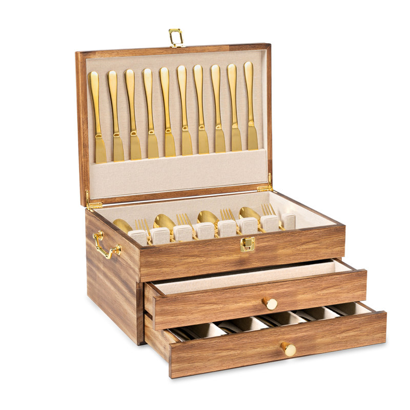 3-layer Silverware Storage Box With Drawer, Wooden Silverware Chest With Handle And Linen Liner For Storing Fine Flatware And Utensils,torched Wood