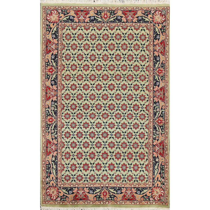 Tapis vert en laine et en soie noué à la main de conception unique 4 pi x 6 pi 1 po
