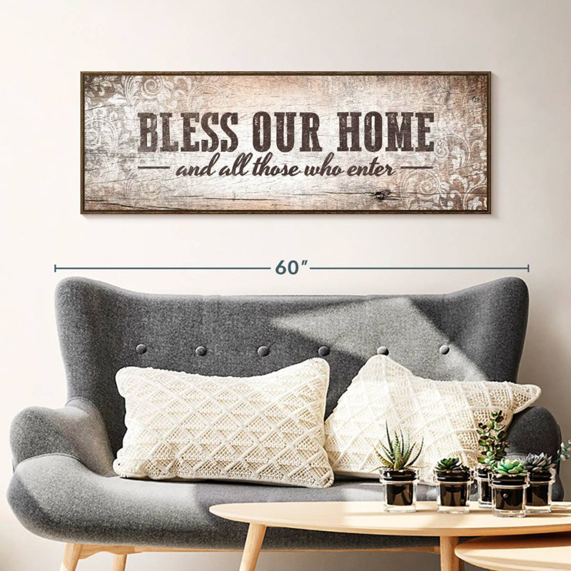 Plaque murale «Bless Our Home», 46 po x 16 po, Cadre flottant noyer