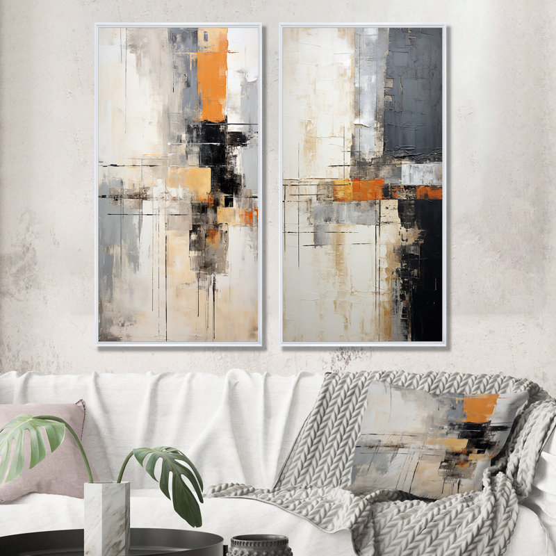 Abstrait collage gris beige sur route - ensemble de 2 impressions sur toile abstraites, Cadre blanc, H 28 po x l 25 po