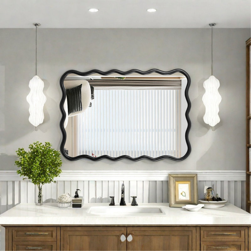 Miroir de salle de bain en bois massif, 39,76 po x 27,95 po, Noir, Rectangulaire