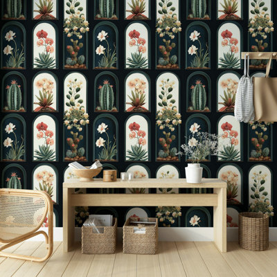 Cactus Orchid Wallpaper Botanical Arch Wall Mural Desert Plant Removable Paper