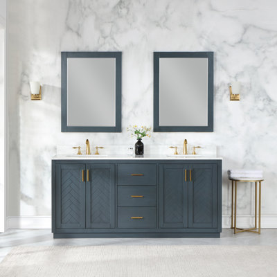 Gazsi 72"" Double Bathroom Vanity Set In Brown Oak With Grain White Composite Stone Countertop With Mirror -  Everly Quinn, 8E98E60D8A3C48268BC7A3A35288B56F