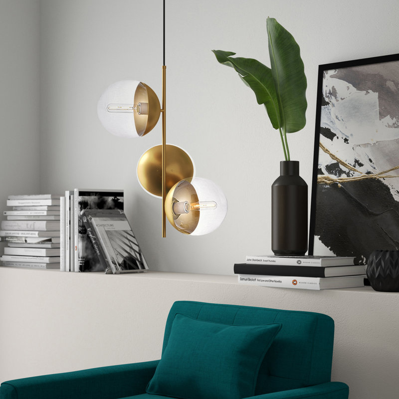 Yearby 3-Light Unique Globe Dimmable Chandelier, Brass, Clear
