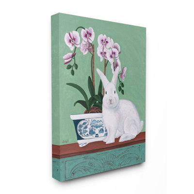 « lapin et fleurs vert rose animal » par catherine b-reproduction d’art