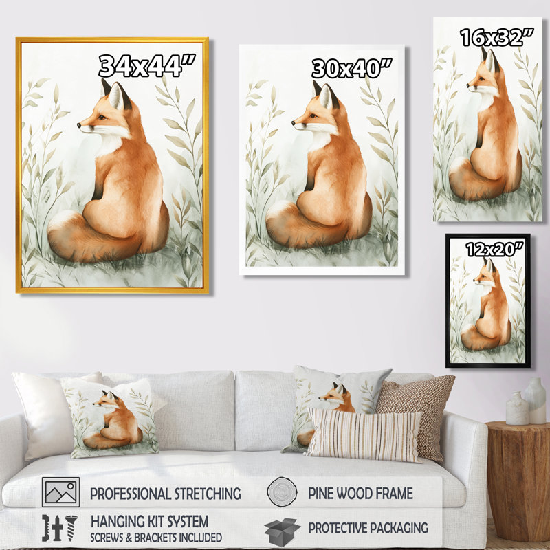 Animaux, reproduction sur toile, art mural Fox, H 32 po x l 16 po, Cadre flottant brun