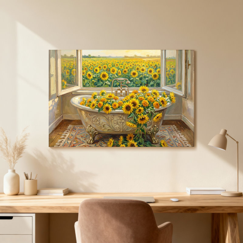 Scène de champ tournesol et baignoire, 24" H x 36" W, Wrapped Canvas, Ne s’applique pas