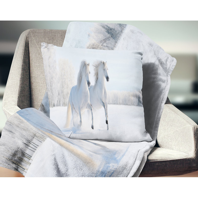 Deux poneys blancs au galop - coussin imprimé animal, 18 po x 18 po, Coussin décoratif