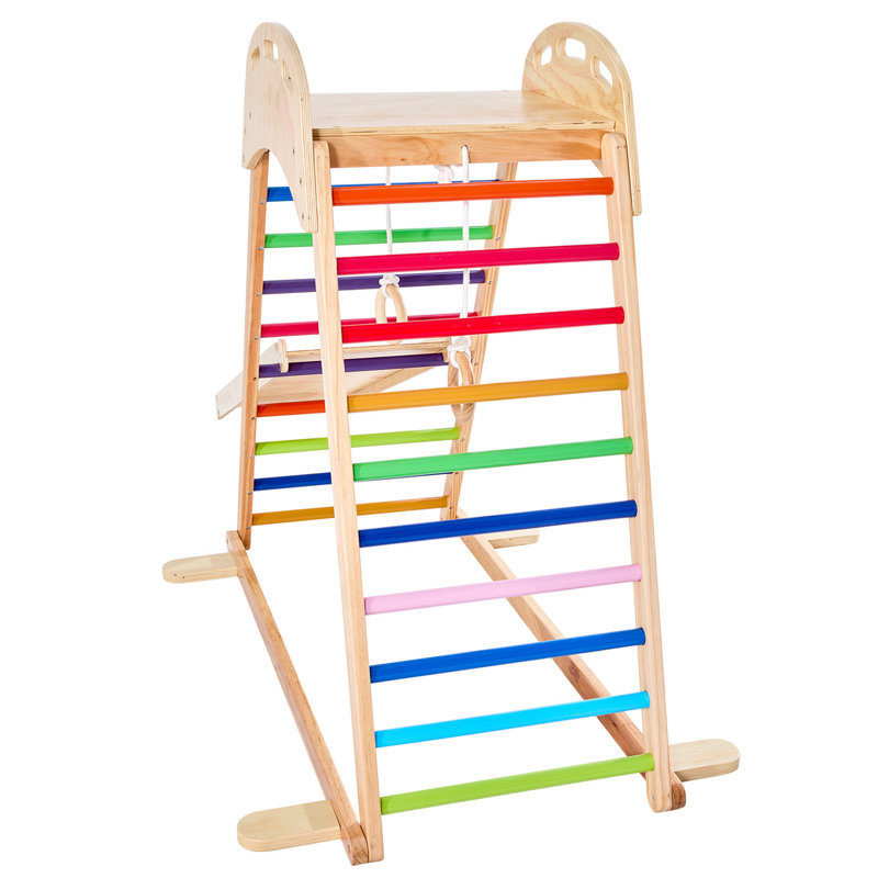 Aire de jeu intérieure avec 41 fonctionnalités: glissade, rocher d'escalade et anneaux, profitant de l'exploration physique, construction en bois de pin, multicolore, espace de jeu sécuritaire, matériel,