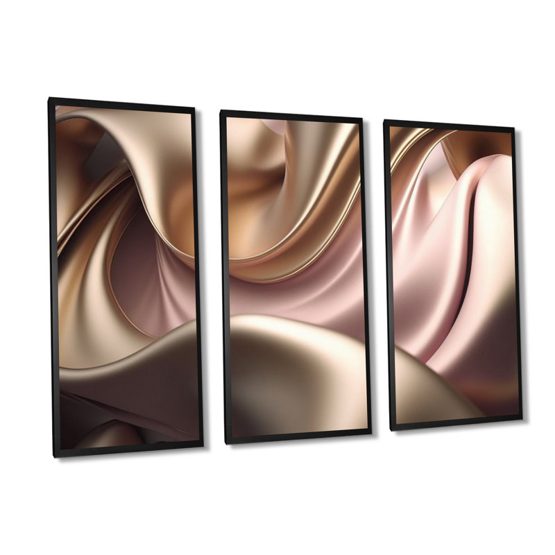 Luscious liquide or en rose discret et taupe IV - 3 pièces sur toile, H 28 po x l 36 po x P 1 po, Toile encadrée noire