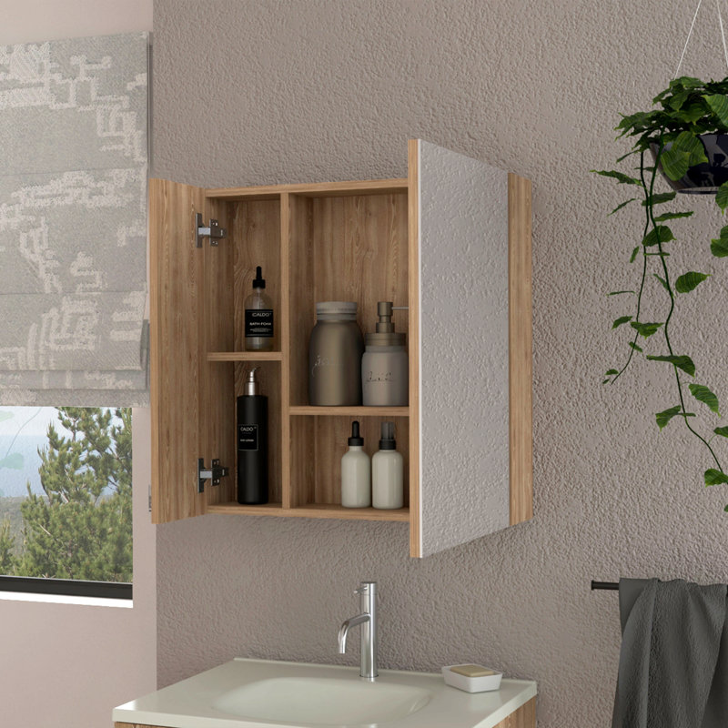 Pharmacie, miroir, porte double, quatre tablettes intérieures, Naturel