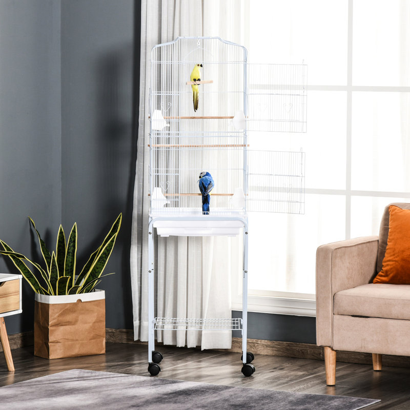 Ensemble de cage à oiseaux 60 po en métal avec support, blanc. Espace spacieux pour les perroquets. Portes faciles d'accès. Matériau. Nettoyage simple. Roues silencieuses portatives, roulantes, amovibles, petits oiseaux spacieux. Accès pratique.