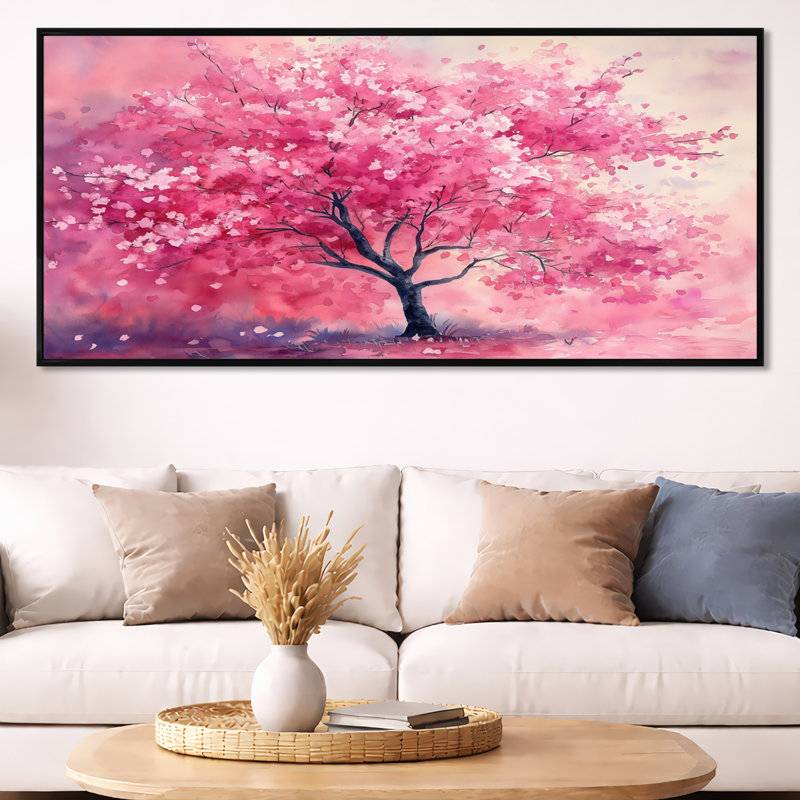Art mural fleur rose, toile d'arbre en fleurs, arbre en fleurs rose, Cadre flottant noir, H 28 po x l 60 po