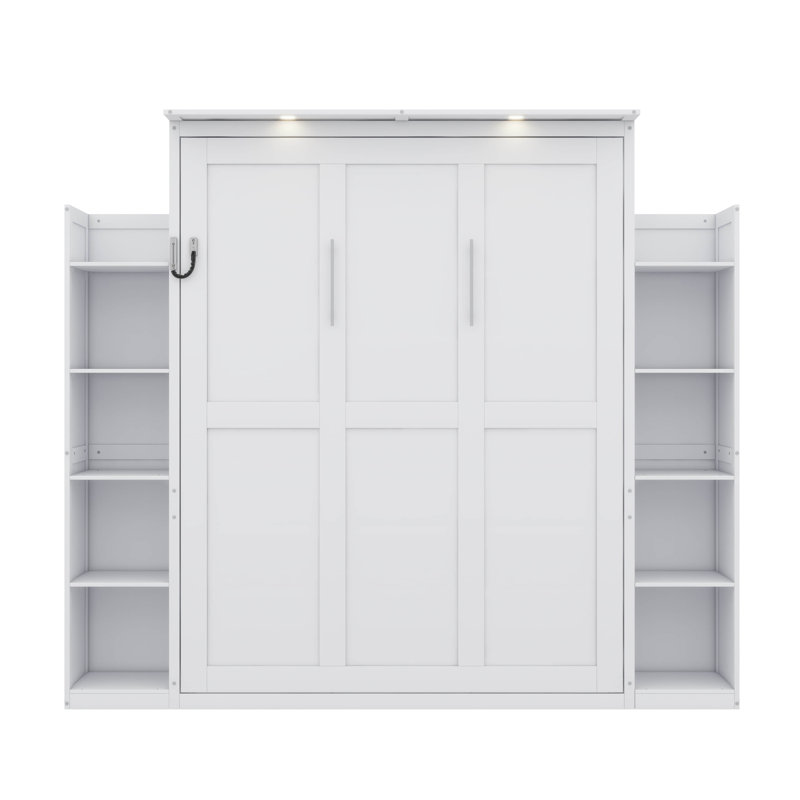 Lit escamotable double avec tablettes et éclairage DEL, Blanc