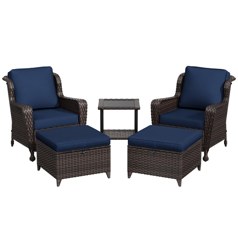 5-piece Patio Rattan Conversation Set With Side Table, Blue