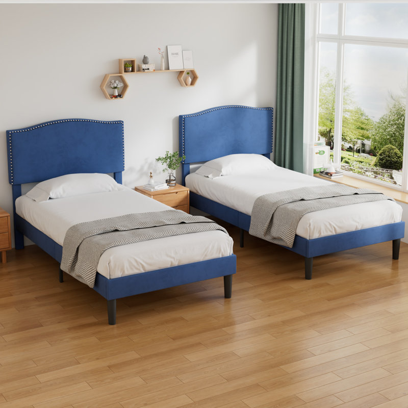 Fahmidah Twin Bed Frame Set Upholstered Platform with Headboard and Strong Wooden Slats, Dark Blue