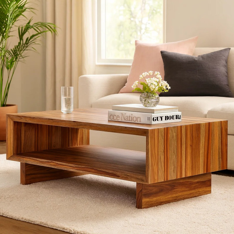 Table basse Donni avec tablette, 46 po rectangulaire, pieds à panneaux, bois brun