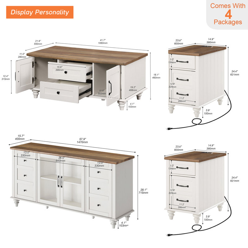 4 Piece Living Room Table Set - Includes Modern Coffee Table With Drawer, Glass Door TV Stand For 65 Inch TV, Set Of 2 Side End Tables With Charging Station & Cabinet, Off White